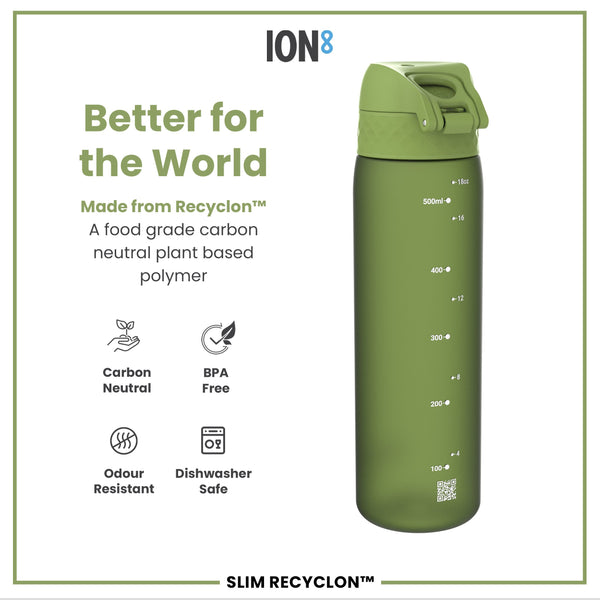 Leak Proof Slim Water Bottle, Recyclon, Khaki Green, 500ml (18oz)