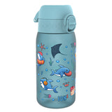 A light-blue water bottle, featuring cartoon sharks and other sea creatures, sits against a white background. The bottle displays the word 