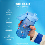 A light-blue water bottle, featuring cartoon sharks and other sea creatures, sits against a white background. The bottle displays the word 