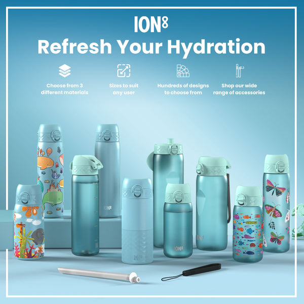 A light-blue water bottle, featuring cartoon sharks and other sea creatures, sits against a white background. The bottle displays the word "ION8".
