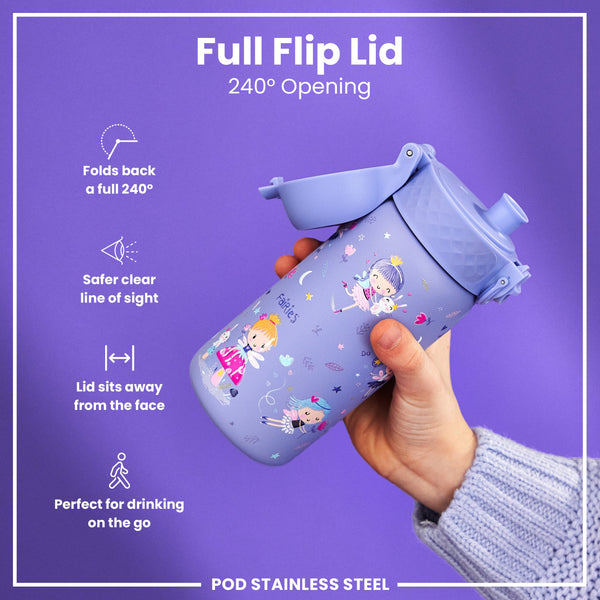 A purple stainless steel water bottle with a fairy design is being held; its full flip lid, opening 240°, sits away from the face. The bottle is shown against a purple background.