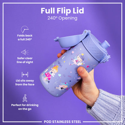 A purple stainless steel water bottle with a fairy design is being held; its full flip lid, opening 240°, sits away from the face. The bottle is shown against a purple background.
