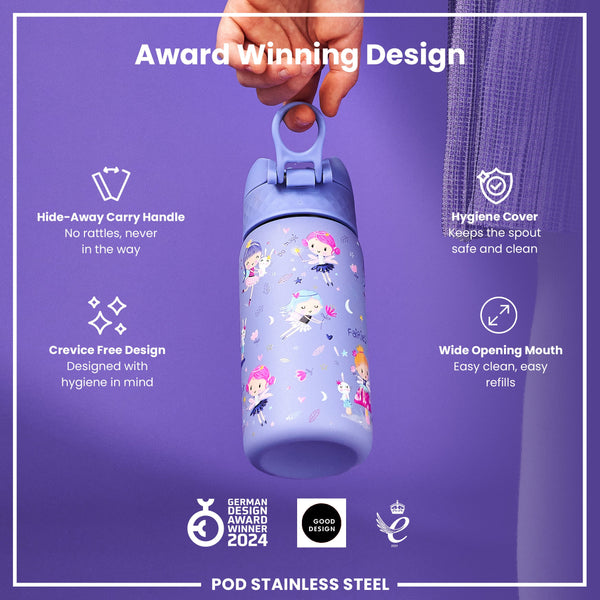 A stainless steel water bottle, decorated with fairies, is held by a hand against a purple background. The bottle features a hide-away handle, a wide mouth, and a hygiene cover. It’s an award-winning design.