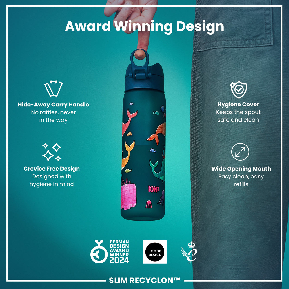 Leak Proof Slim Water Bottle, Recyclon, Whales, 500ml (18oz)