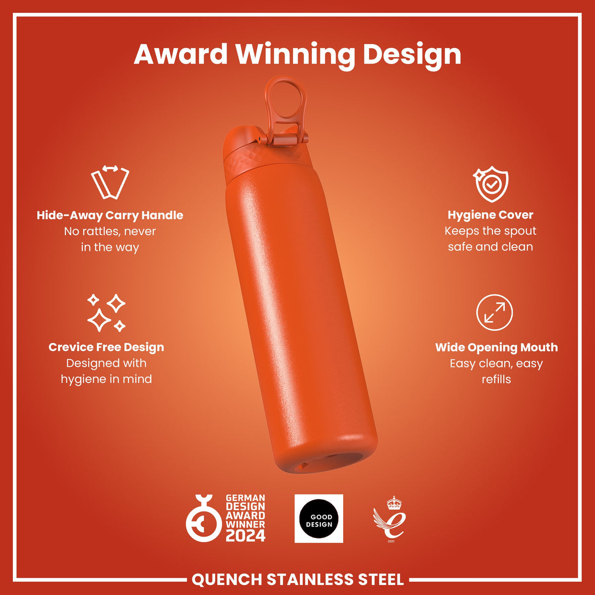 Leak Proof 1 Litre Water Bottle, Stainless Steel, Hearty Orange, 1L