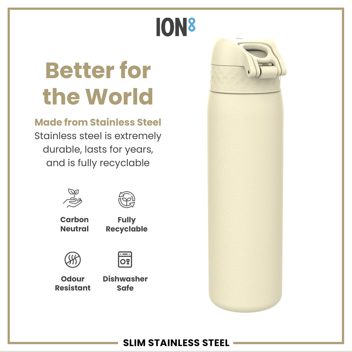 Leak Proof Slim Water Bottle, Stainless Steel, Creamy White, 600ml (20oz)