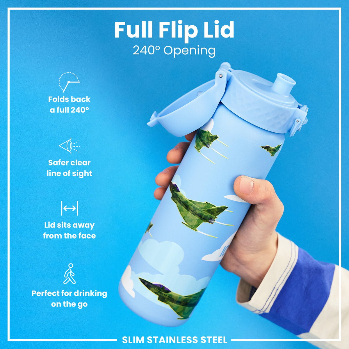 Leak Proof Slim Water Bottle, Stainless Steel, Fighter Jets, 600ml (20oz)