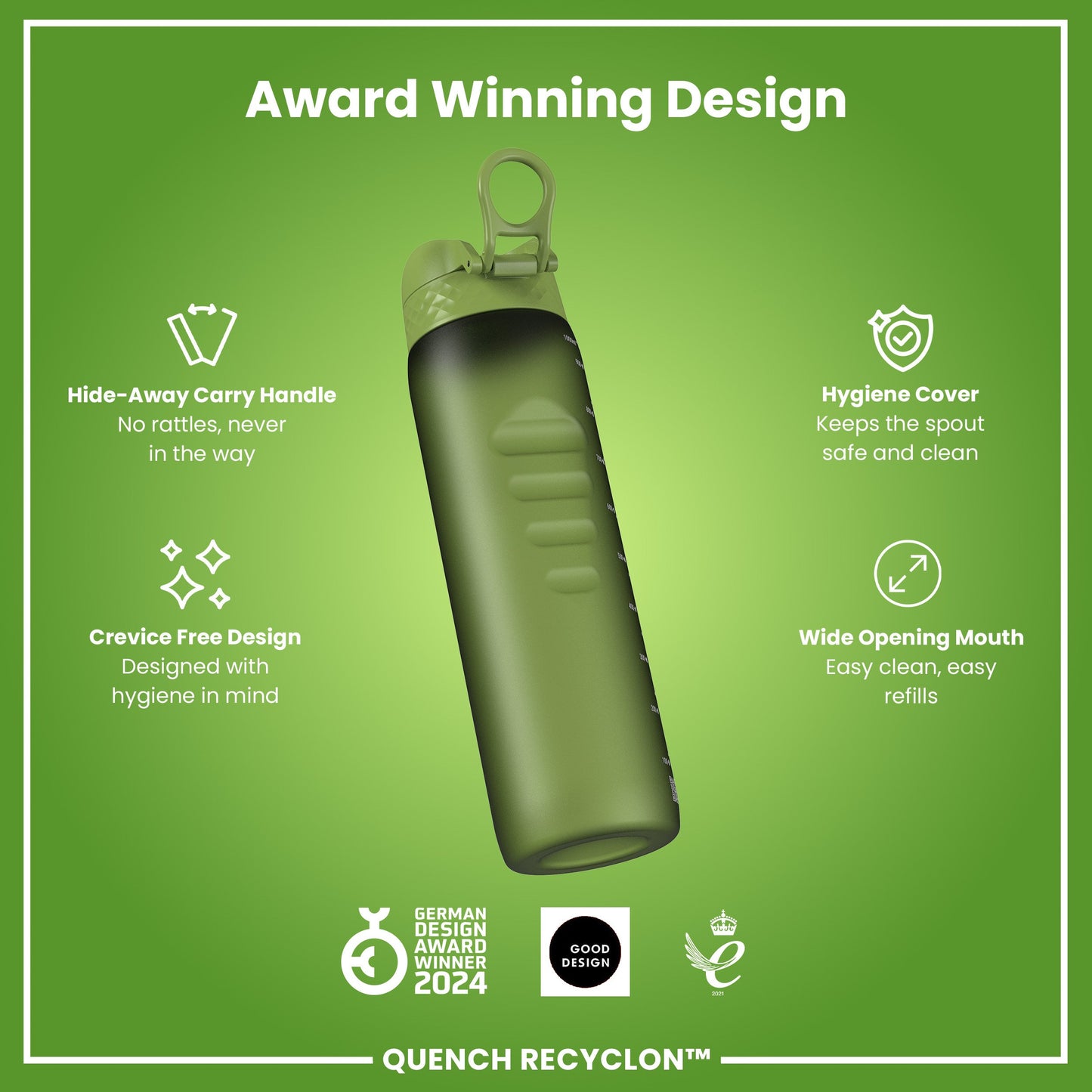 Leak Proof 1 litre Water Bottle, Recyclon, Khaki Green, 1L