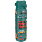 A teal water bottle, featuring various cartoon vehicles, stands upright against a white background. The bottle displays the word 