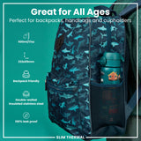 A teal water bottle, featuring various cartoon vehicles, stands upright against a white background. The bottle displays the word 