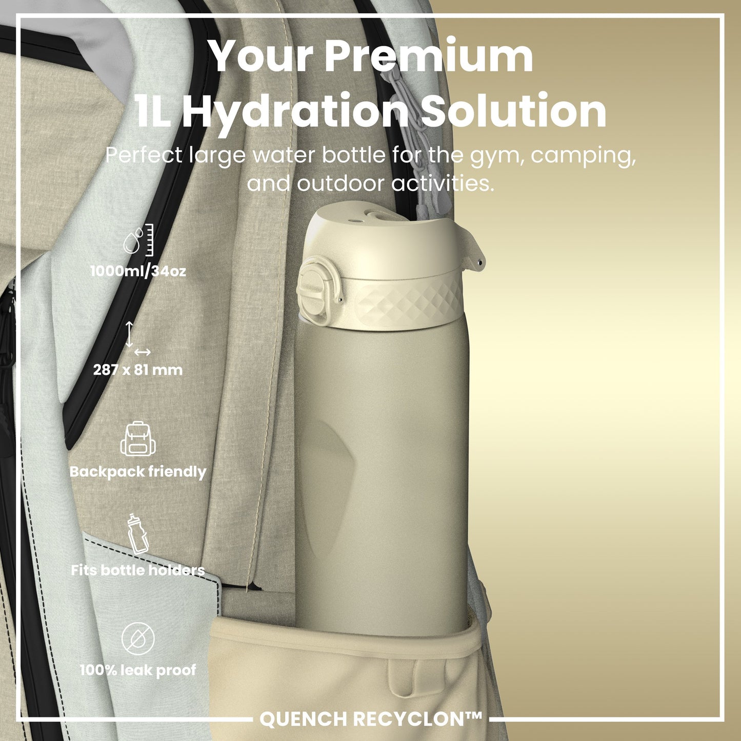 Leak Proof 1 litre Water Bottle, Recyclon, White, 1L