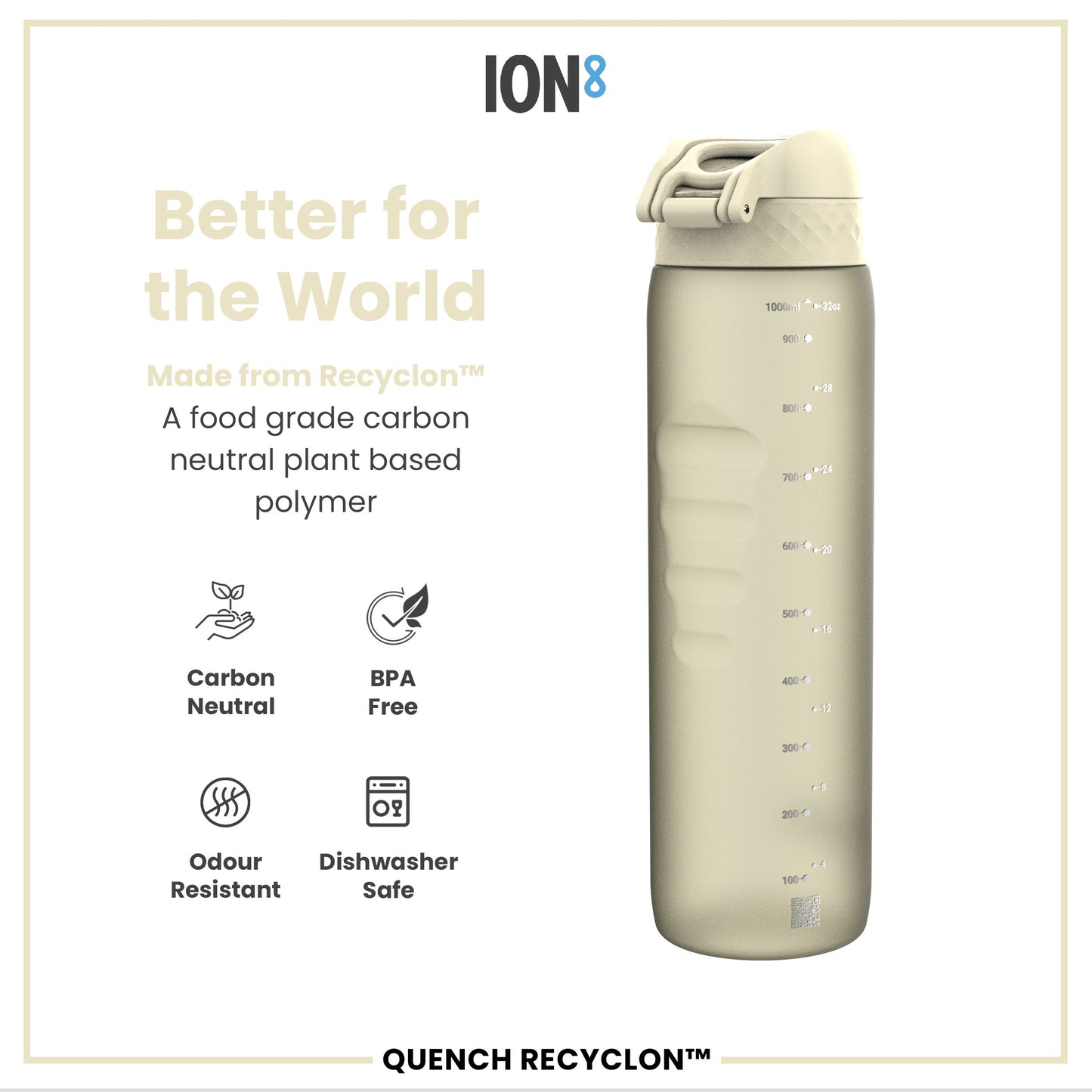 Leak Proof 1 litre Water Bottle, Recyclon, White, 1L