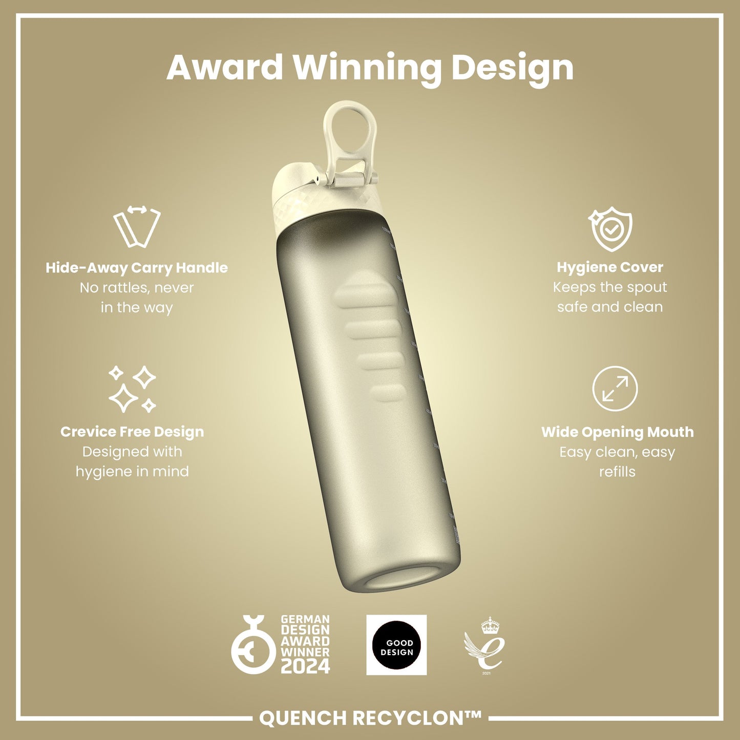 Leak Proof 1 litre Water Bottle, Recyclon, White, 1L