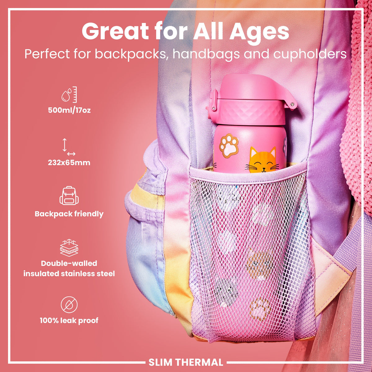Leak Proof Slim Thermal Steel Water Bottle, Insulated, Cats, 500ml (17oz)