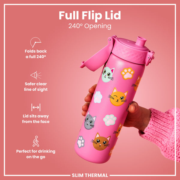 Leak Proof Slim Thermal Steel Water Bottle, Insulated, Cats, 500ml (17oz)