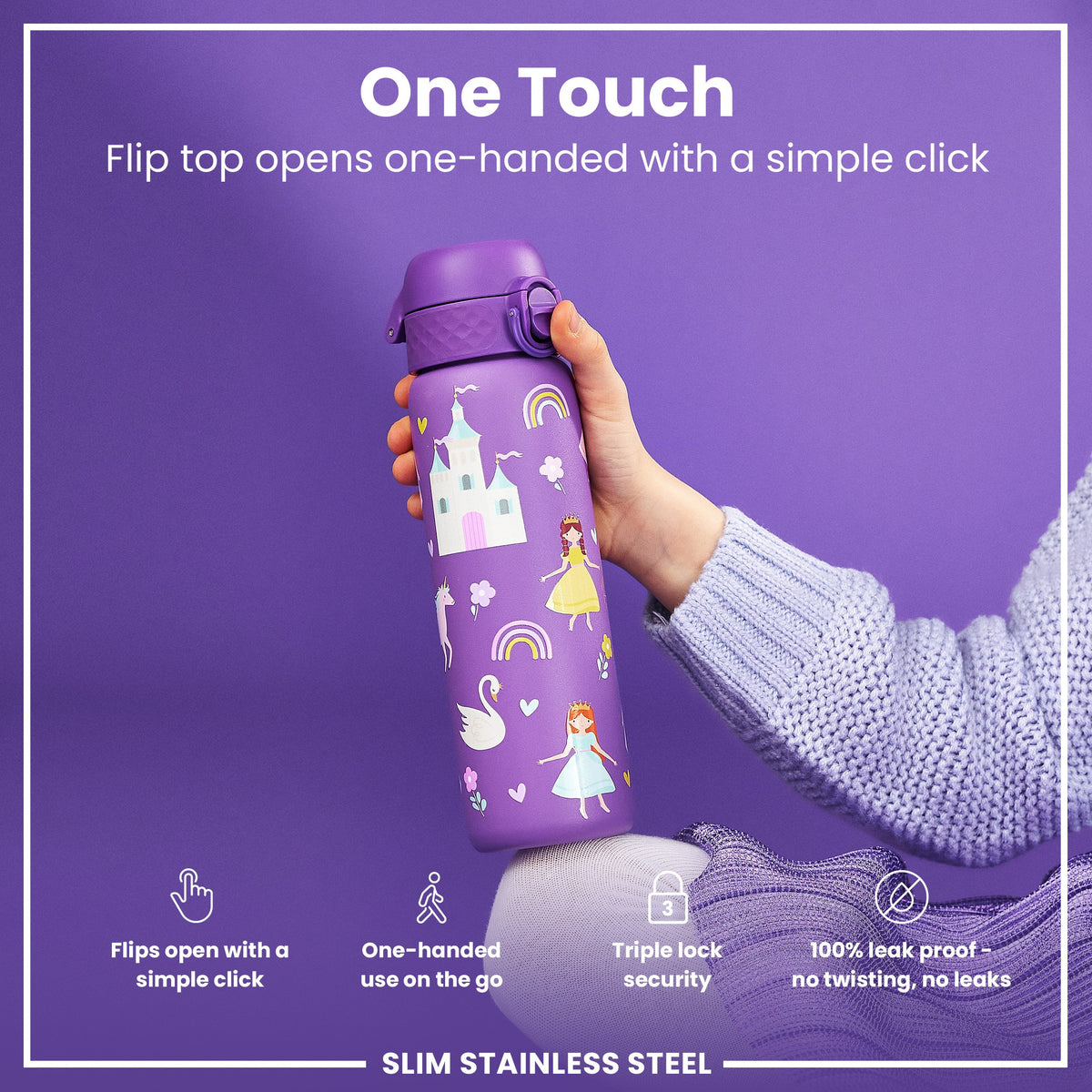 Leak Proof Slim Water Bottle, Stainless Steel, Princess, 600ml (20oz)