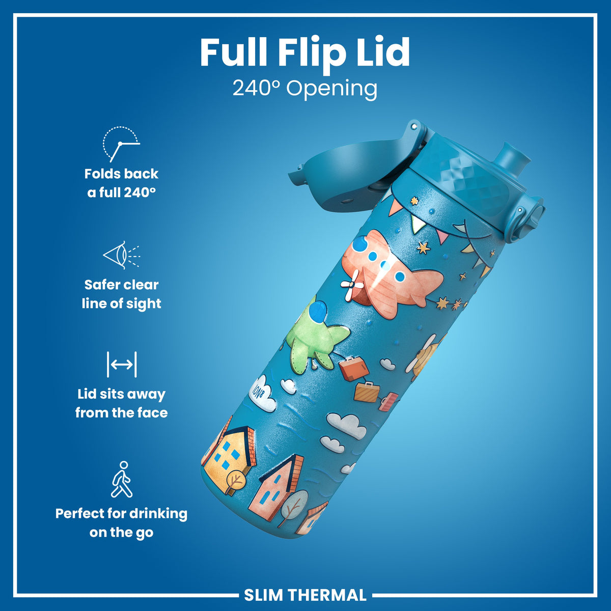 Leak Proof Slim Thermal Water Bottle, Insulated Steel, Airplanes, 500ml (17oz)