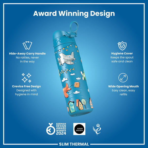 Leak Proof Slim Thermal Water Bottle, Insulated Steel, Airplanes, 500ml (17oz)