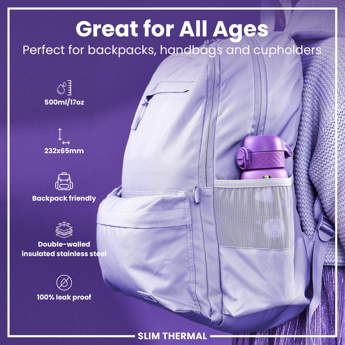 Leak Proof Slim Thermal Water Bottle, Insulated Steel, Princess, 500ml (17oz)