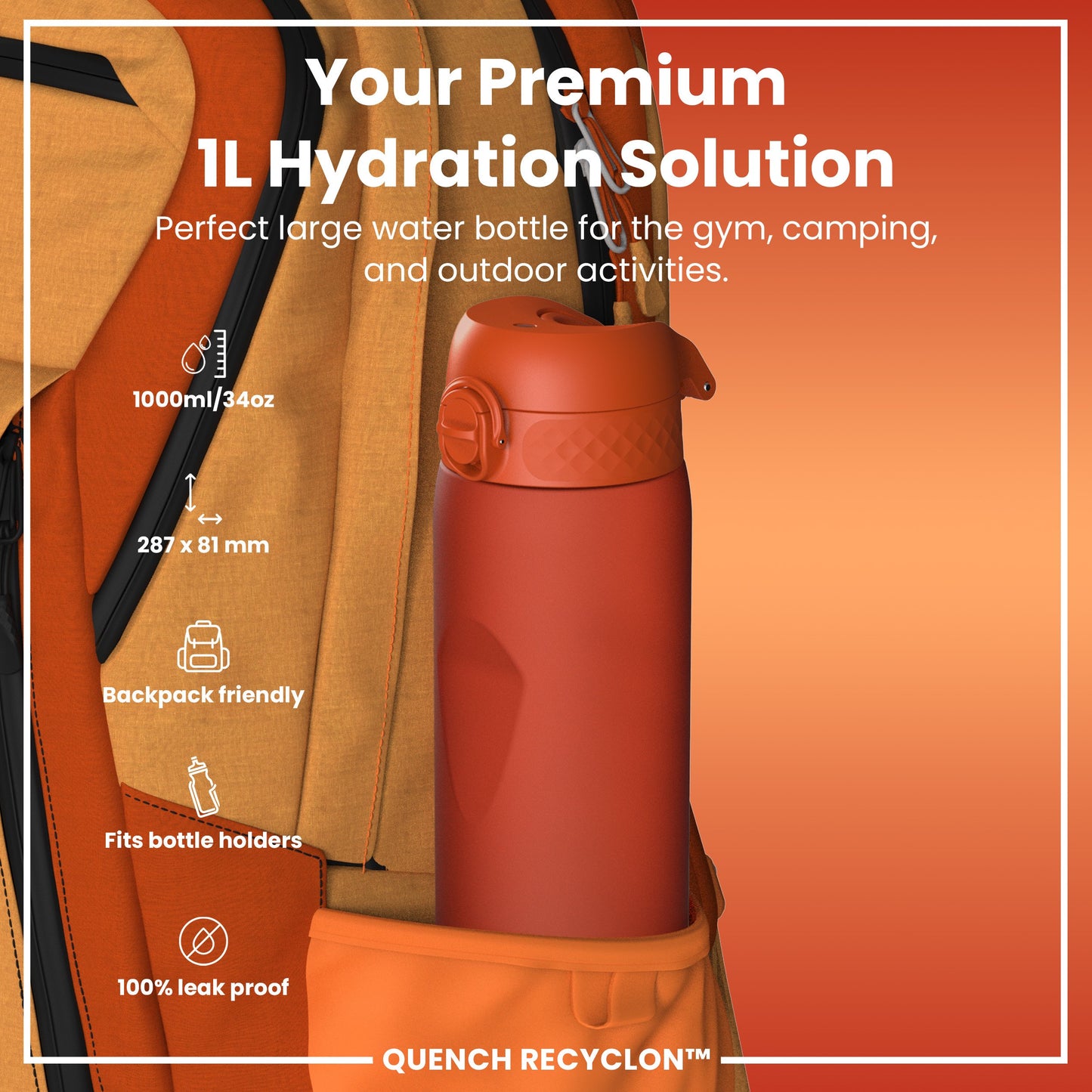 Leak Proof 1 litre Water Bottle, Recyclon, Orange, 1L