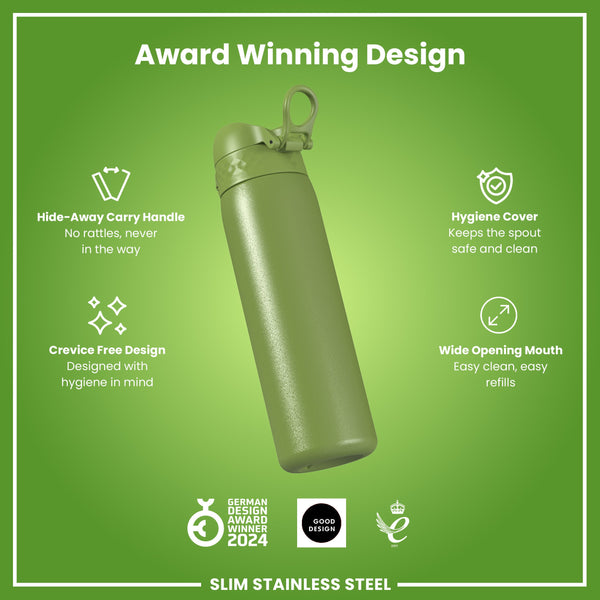 Leak Proof Slim Water Bottle, Stainless Steel, Khaki Green, 600ml (20oz)