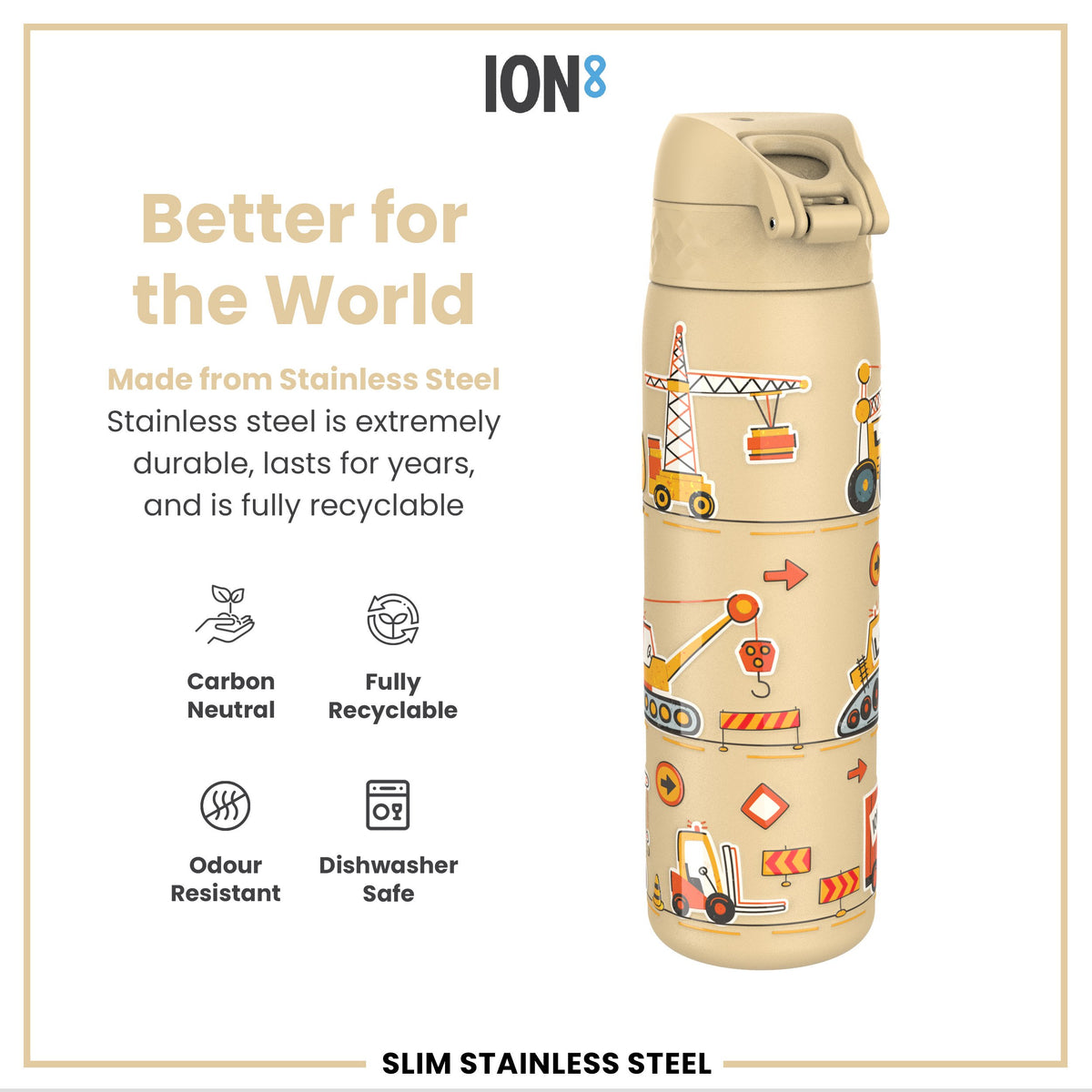 Leak Proof Slim Water Bottle, Stainless Steel, Diggers, 600ml (20oz)