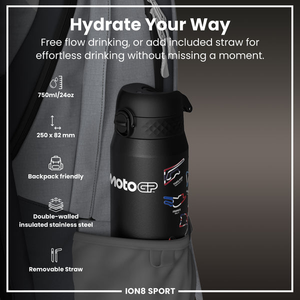 Botella de agua de acero inoxidable con aislamiento MotoGP x ION8, MotoGP Mix, 750 ml (24 oz)