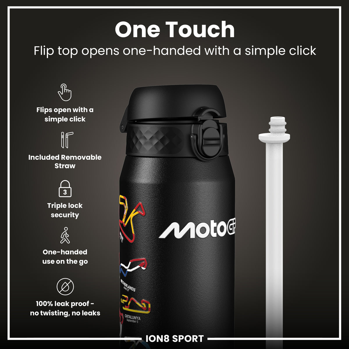 Botella de agua de acero inoxidable con aislamiento MotoGP x ION8, MotoGP Mix, 750 ml (24 oz)