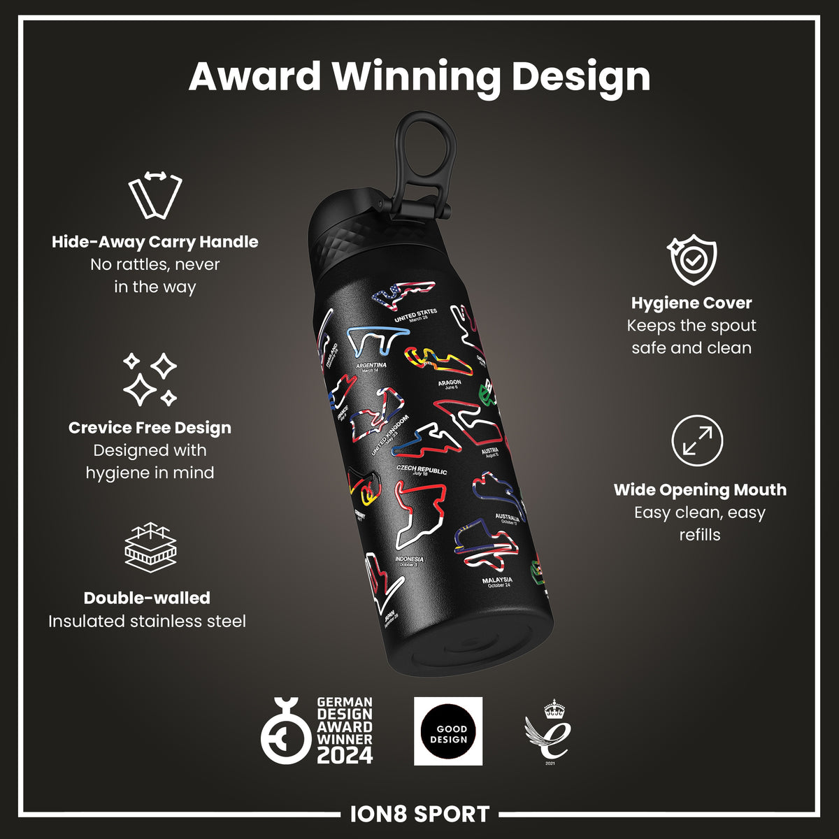 Botella de agua de acero inoxidable con aislamiento MotoGP x ION8, MotoGP Mix, 750 ml (24 oz)