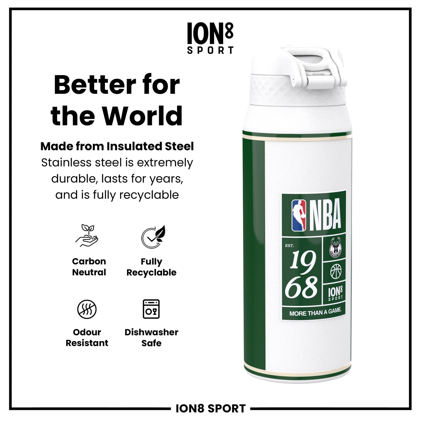 NBA x Ion8 Sports, Insulated Bottle, Milwaukee Bucks, 750ml (24oz)