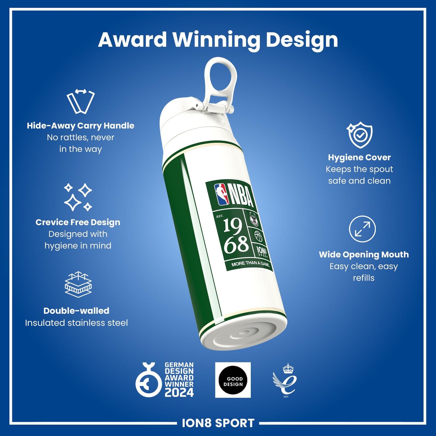 NBA x Ion8 Sports, Insulated Bottle, Milwaukee Bucks, 750ml (24oz)
