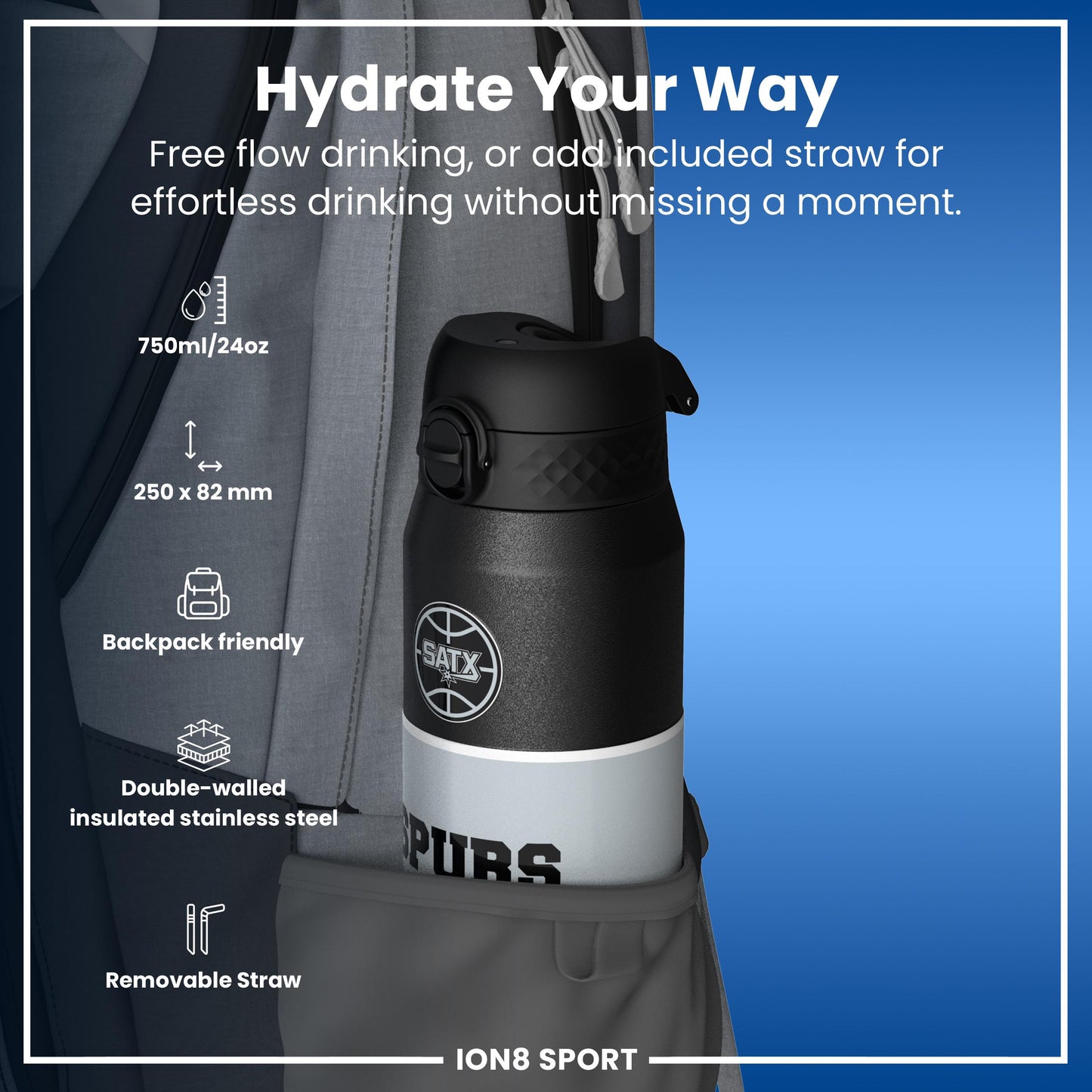 NBA x Ion8 Sports, Insulated Bottle, SA Spurs, 750ml (24oz)