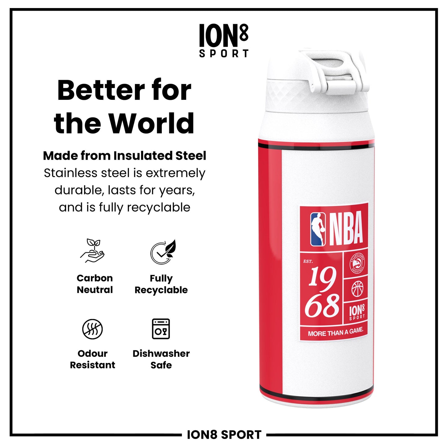 NBA x Ion8 Sports, Insulated Bottle, Atlanta Hawks, 750ml (24oz)