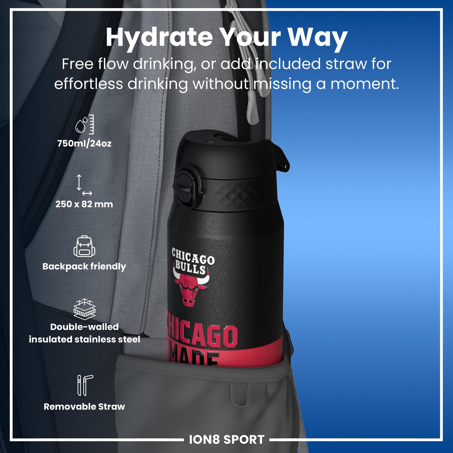 NBA x Ion8 Sports, Insulated Bottle, Chicago Bulls, 750ml (24oz)