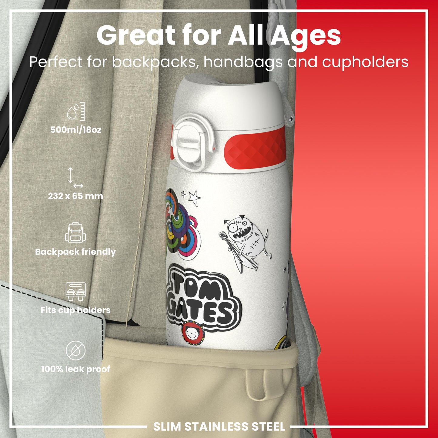Tom Gates x Ion8 Water Bottle, Stainless Steel, Classic Monsters, 600ml (20oz)