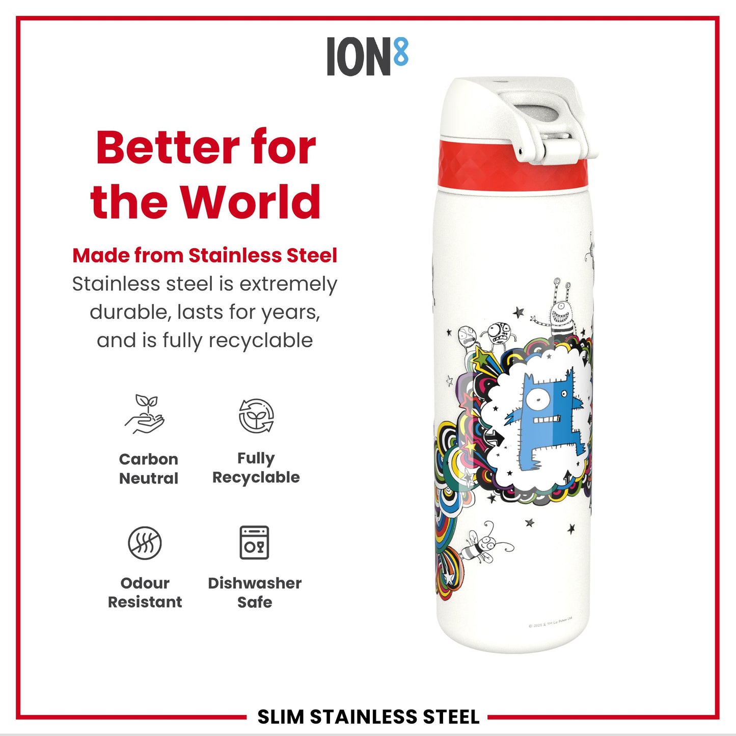 Tom Gates x Ion8 Water Bottle, Stainless Steel, Classic Monsters, 600ml (20oz)