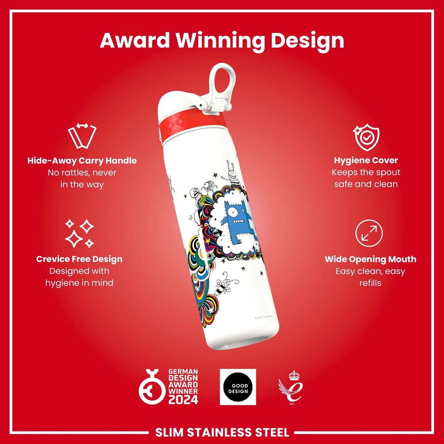 Tom Gates x Ion8 Water Bottle, Stainless Steel, Classic Monsters, 600ml (20oz)