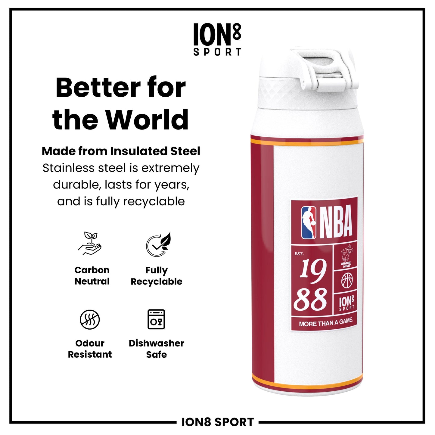 NBA x Ion8 Sports, Insulated Bottle, Miami Heat, 750ml (24oz)