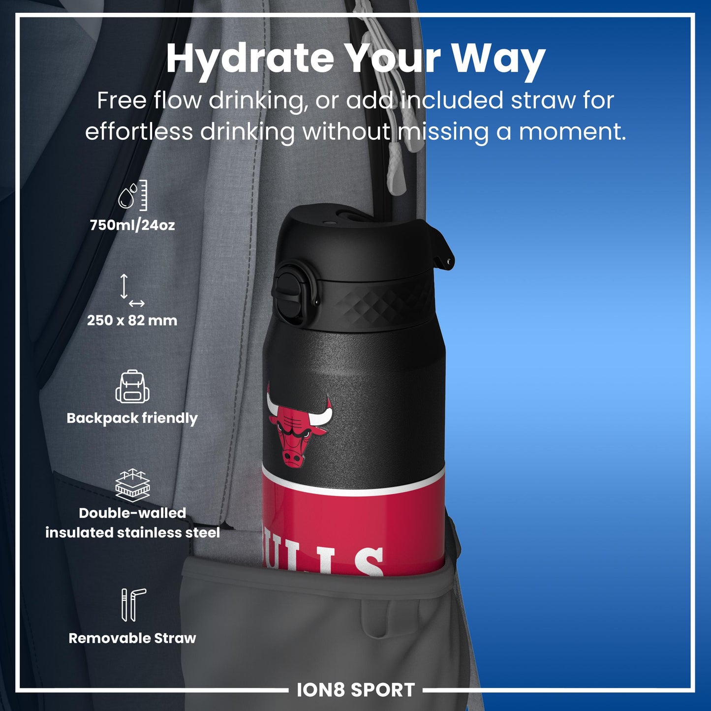 NBA x Ion8 Sports, Insulated Bottle, Chicago Bulls, 750ml (24oz)