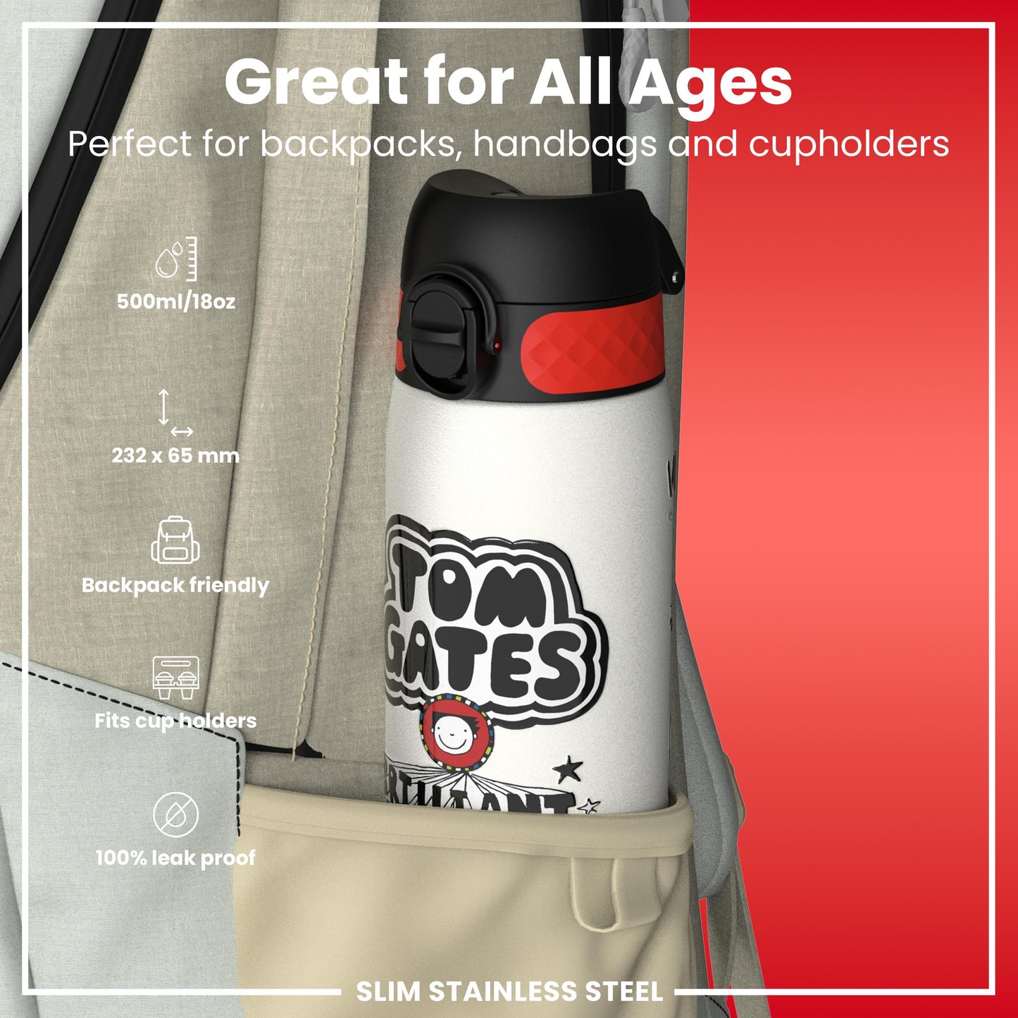 Tom Gates x Ion8 Water Bottle, Stainless Steel, Rockstar, 600ml (20oz)