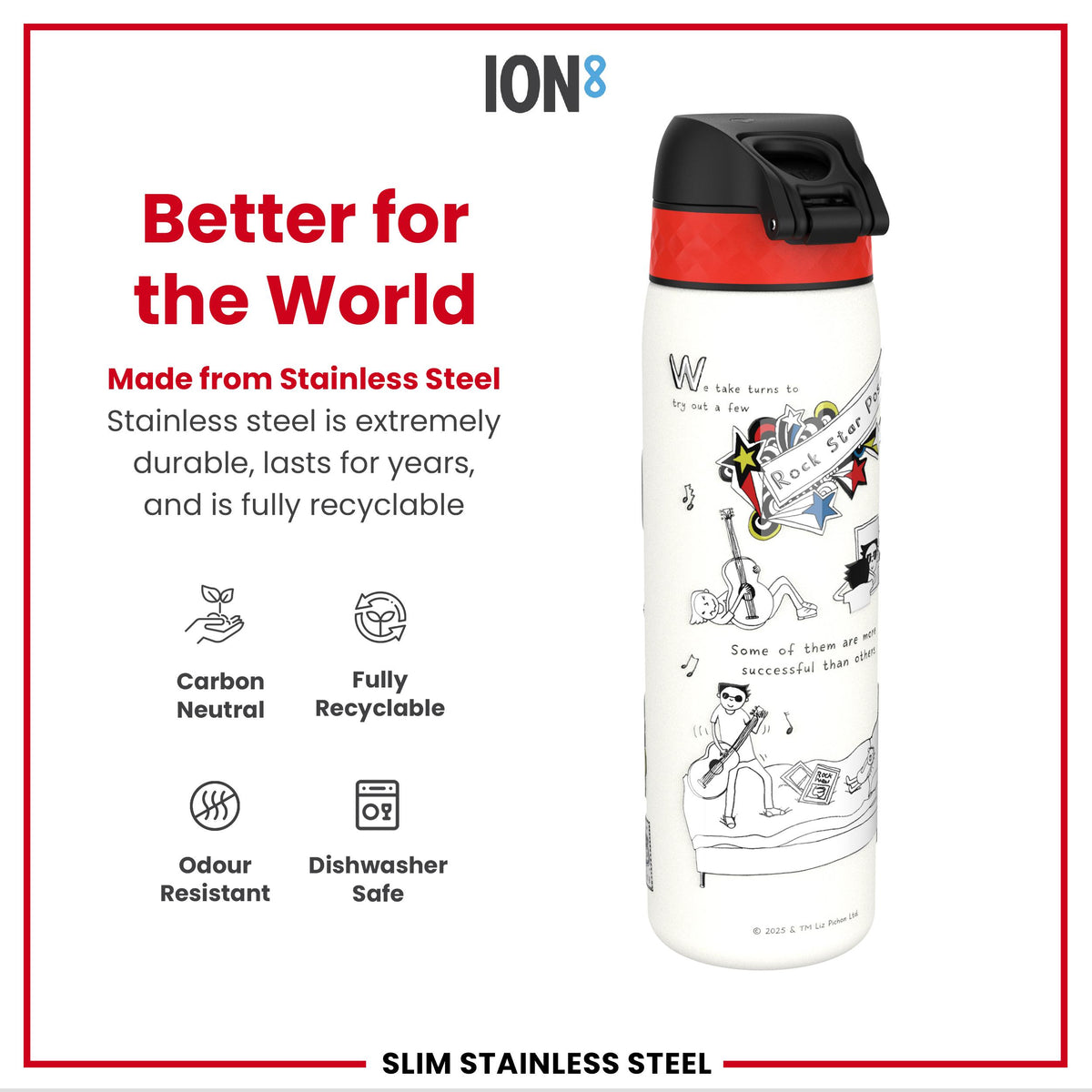 Tom Gates x ION8 Water Bottle, Stainless Steel, Rockstar, 600ml (20oz)
