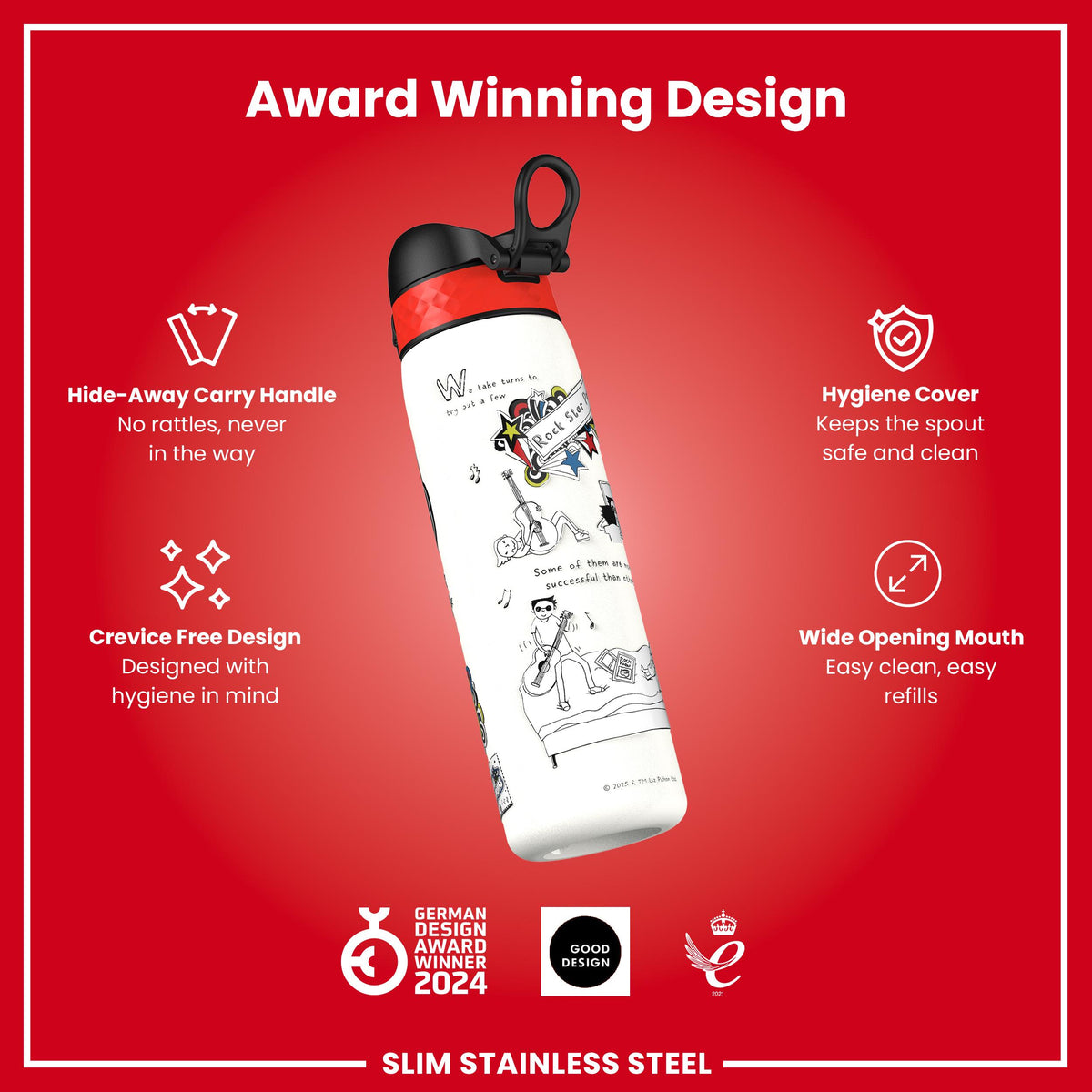 Tom Gates x ION8 Water Bottle, Stainless Steel, Rockstar, 600ml (20oz)