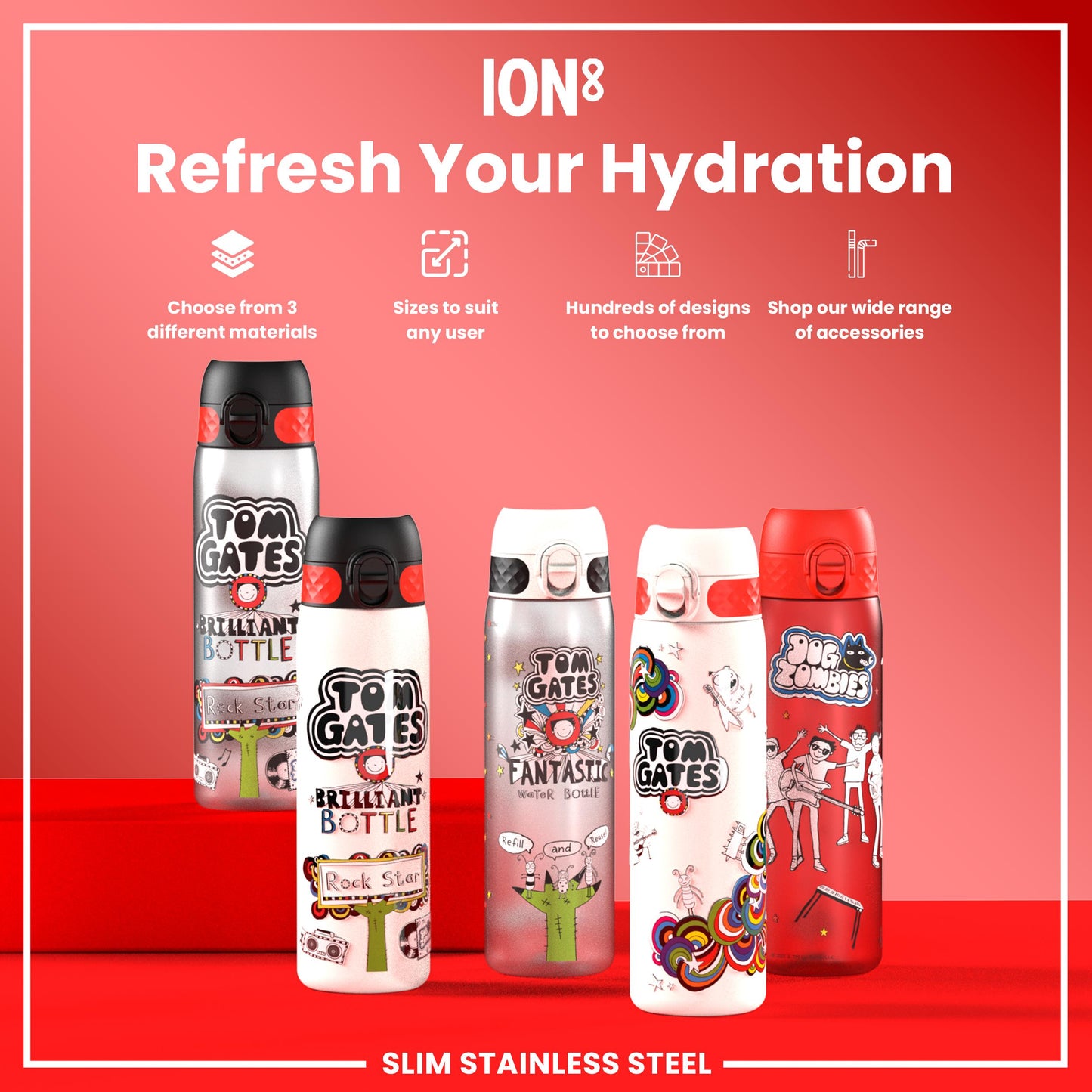 Tom Gates x Ion8 Water Bottle, Stainless Steel, Rockstar, 600ml (20oz)
