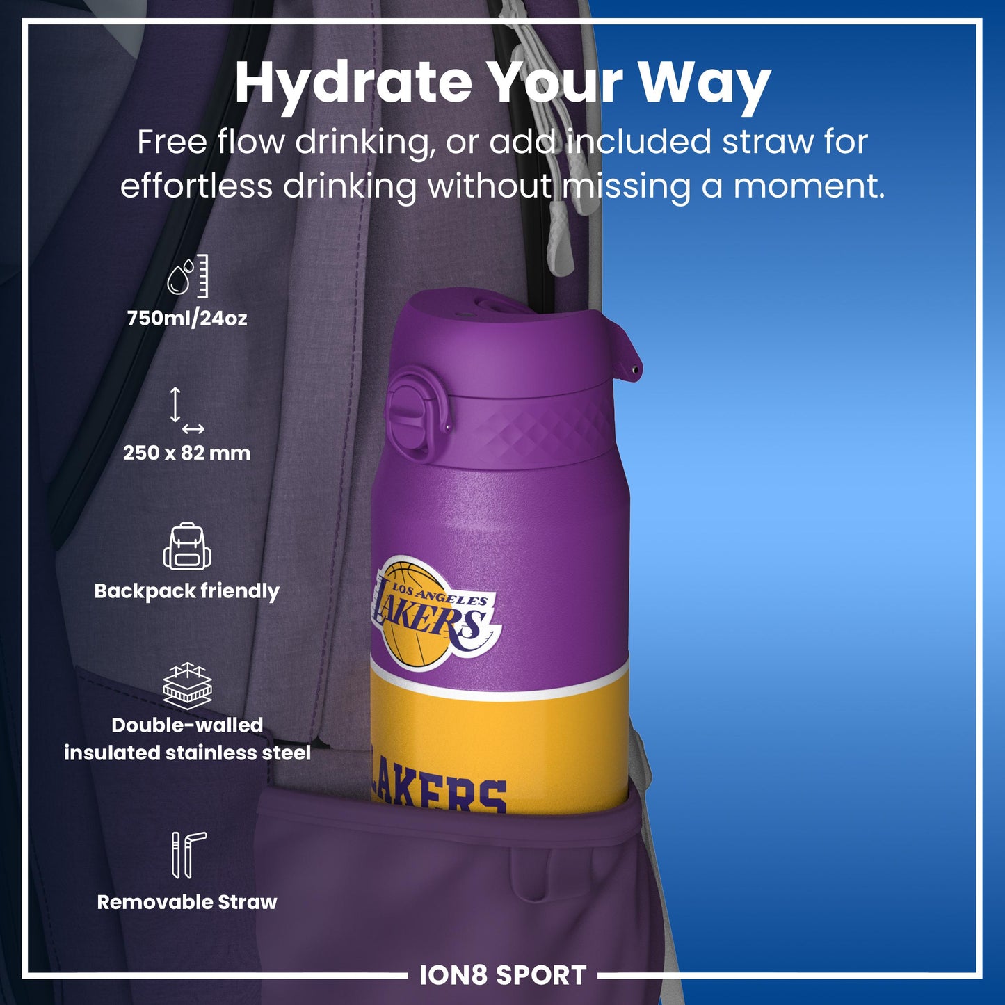 NBA x Ion8 Sports, Insulated Bottle, LA Lakers, 750ml (24oz)