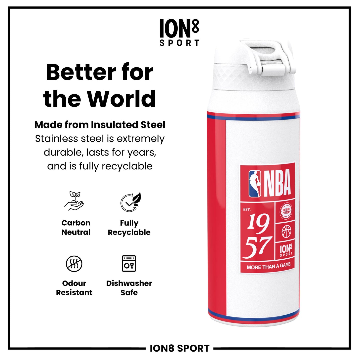 NBA x Ion8 Sports, Insulated Bottle, Detroit Pistons, 750ml (24oz)