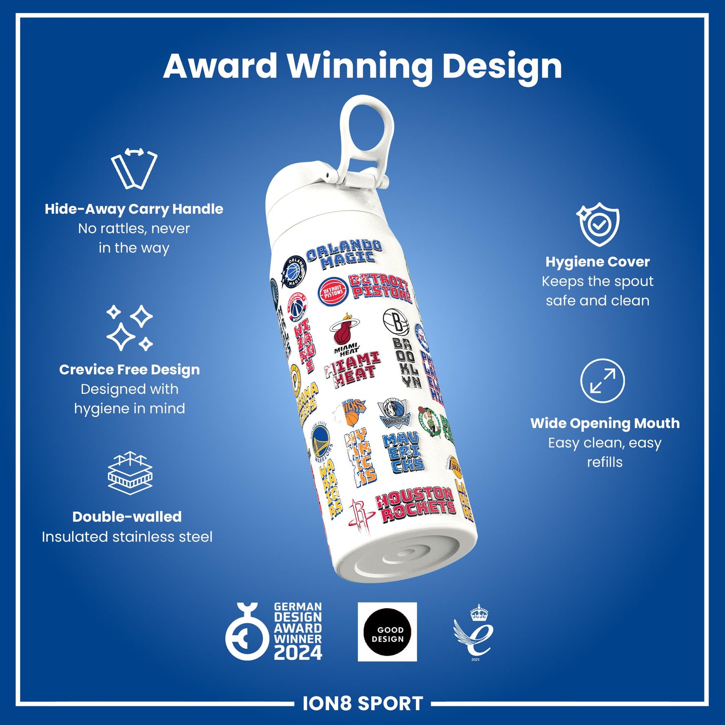 NBA x Ion8 Sports, Insulated Bottle, Patch Logos, 750ml (24oz)