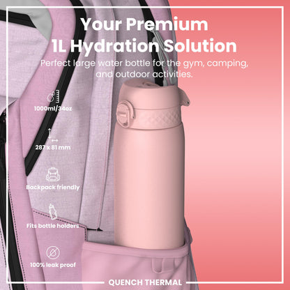 Leak Proof 1 Litre Thermal Water Bottle, Insulated, Rose Quartz, 1L