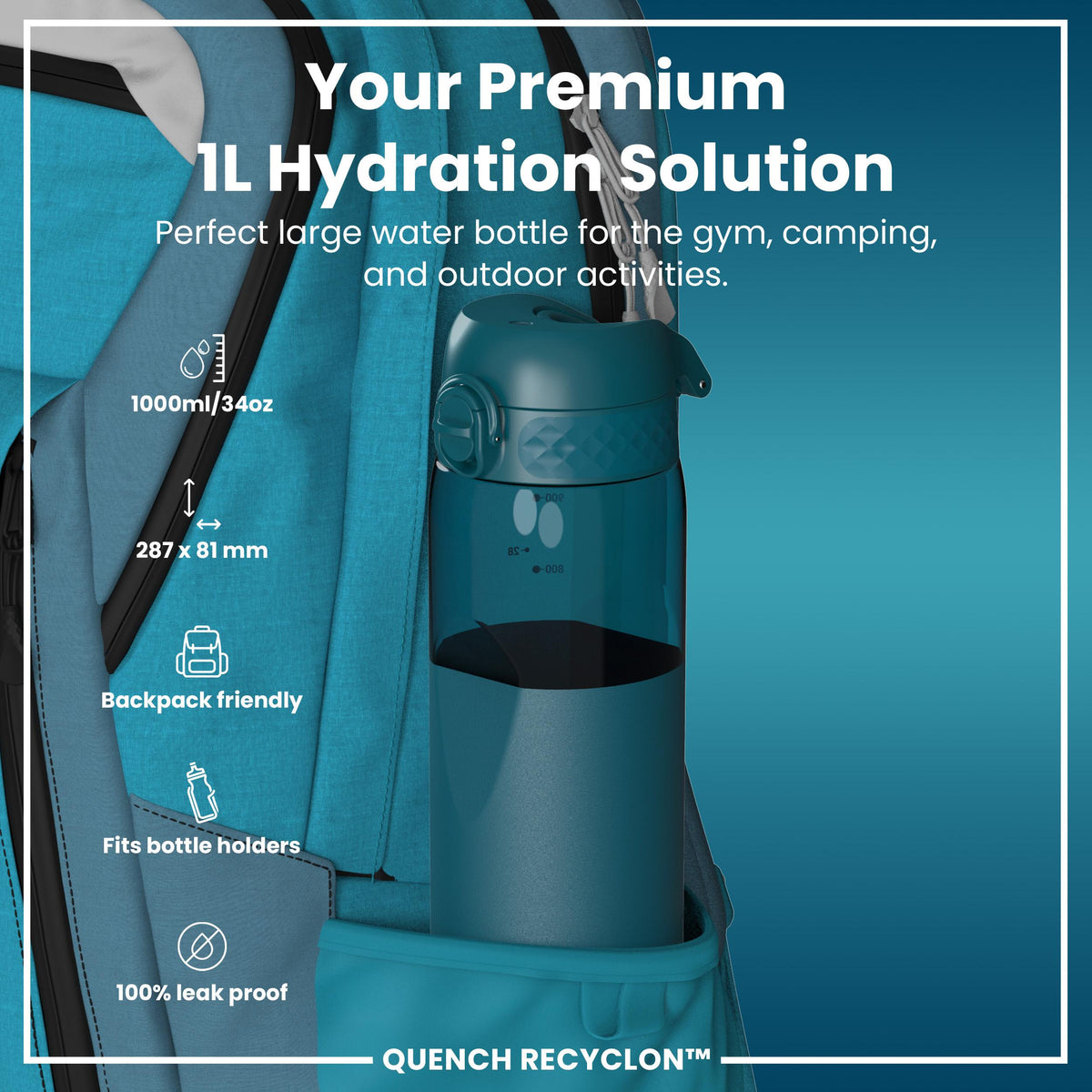 Leak Proof 1 litre Water Bottle, Recyclon, Half-Cut, Teal, 1L