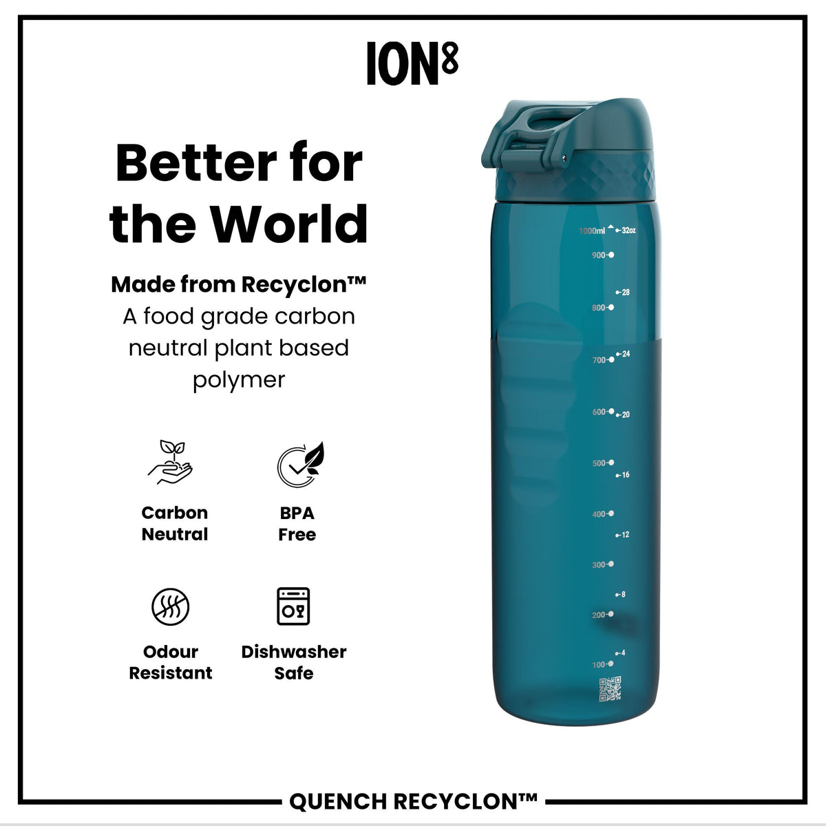 Leak Proof 1 litre Water Bottle, Recyclon, Half-Cut, Teal, 1L