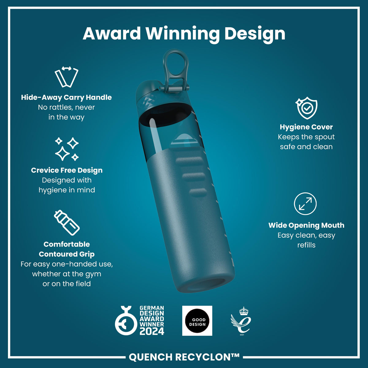Leak Proof 1 litre Water Bottle, Recyclon, Half-Cut, Teal, 1L